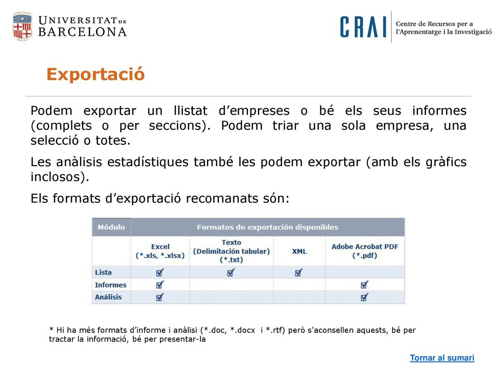 Exportació Podem exportar un llistat d’empreses o bé els seus informes (complets o per seccions). Podem triar una sola empresa, una selecció o totes.