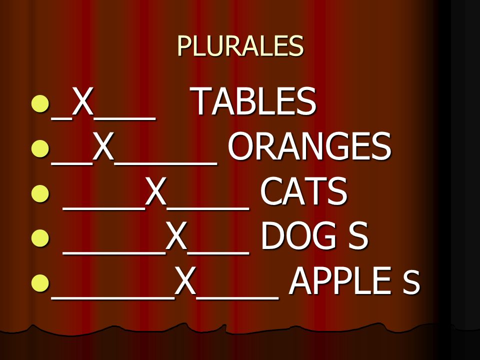 _X___ TABLES __X_____ ORANGES ____X____ CATS _____X___ DOG S