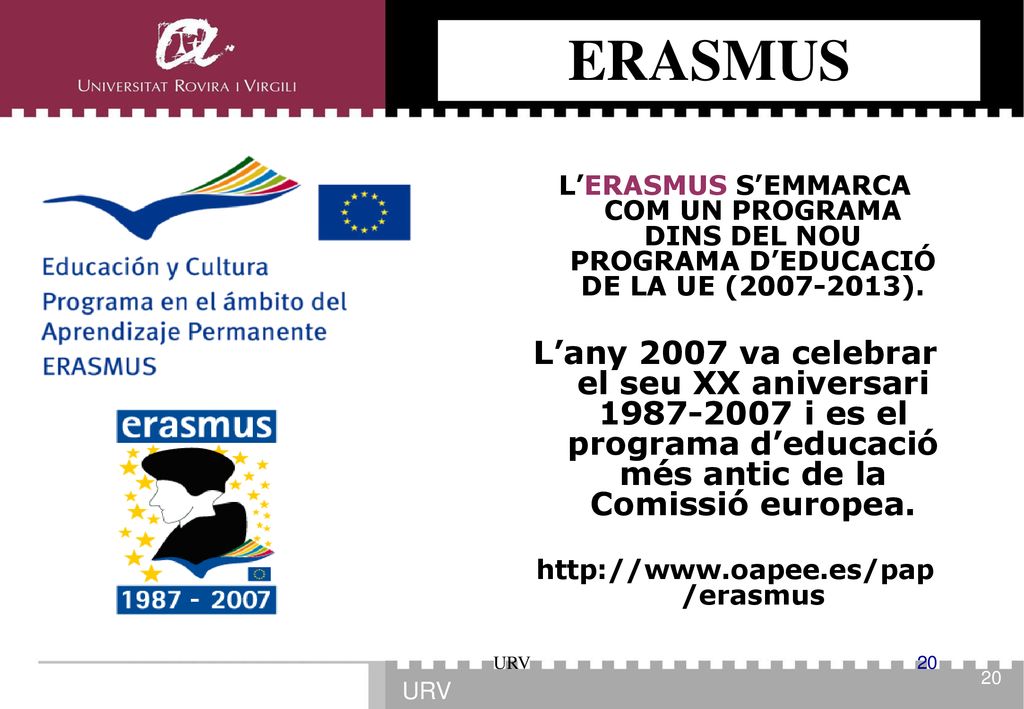 ERASMUS L’ERASMUS S’EMMARCA COM UN PROGRAMA DINS DEL NOU PROGRAMA D’EDUCACIÓ DE LA UE ( ).