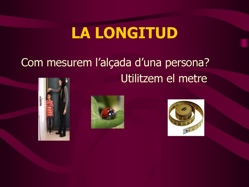 LA LONGITUD Com mesurem l’alçada d’una persona Utilitzem el metre