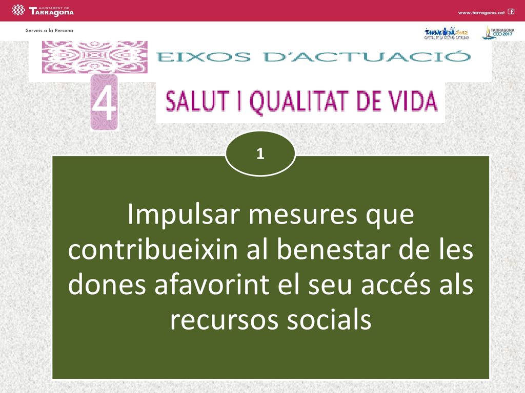 1 Impulsar mesures que contribueixin al benestar de les dones afavorint el seu accés als recursos socials.
