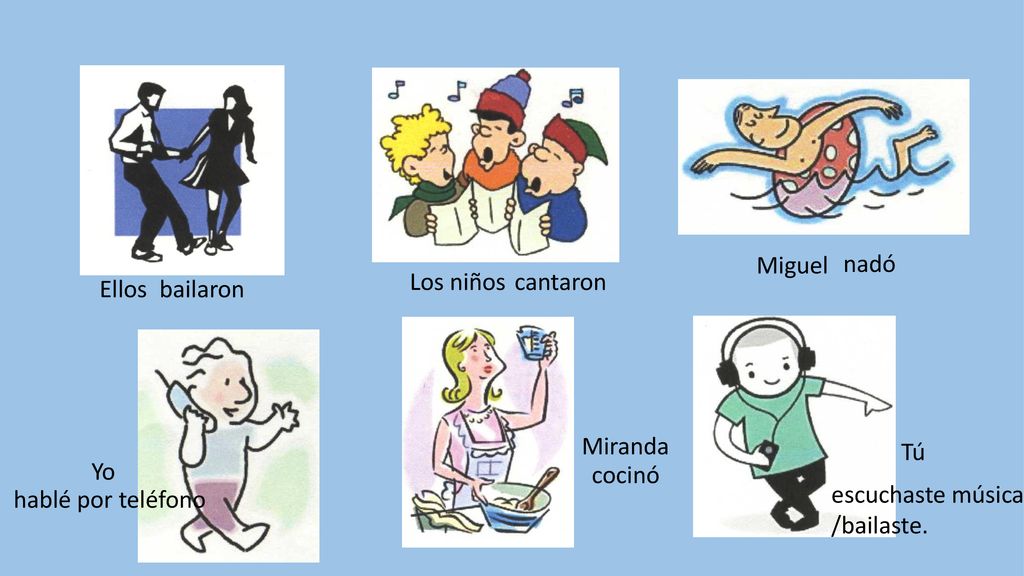 Miguel nadó. Los niños. cantaron. Ellos. bailaron. Miranda. Tú. Yo. cocinó. escuchaste música.