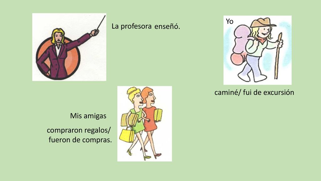 Yo La profesora enseñó. caminé/ fui de excursión Mis amigas compraron regalos/ fueron de compras.