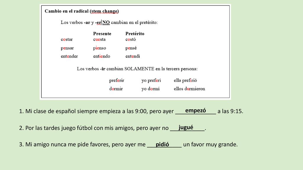 1. Mi clase de español siempre empieza a las 9:00, pero ayer _____________ a las 9:15.