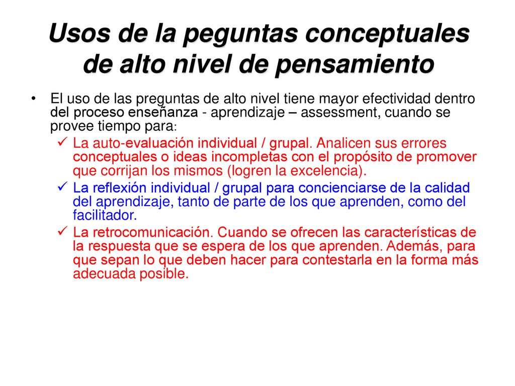 Usos de la peguntas conceptuales de alto nivel de pensamiento