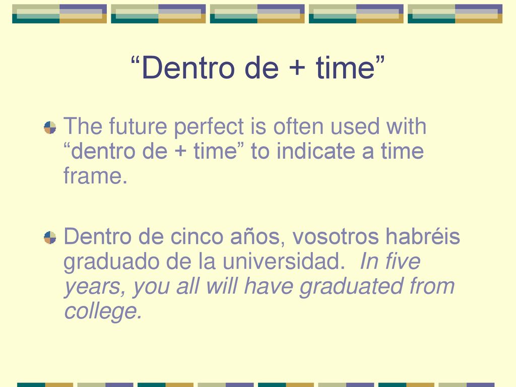 Dentro de + time The future perfect is often used with dentro de + time to indicate a time frame.