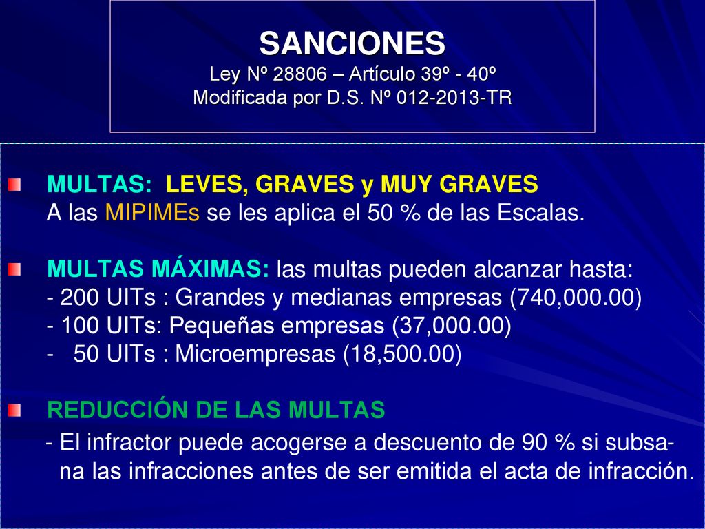 SANCIONES Ley Nº – Artículo 39º - 40º Modificada por D. S