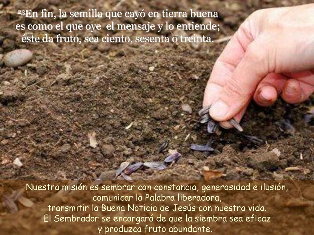 23En fin, la semilla que cayó en tierra buena es como el que oye el mensaje y lo entiende; éste da fruto, sea ciento, sesenta o treinta.