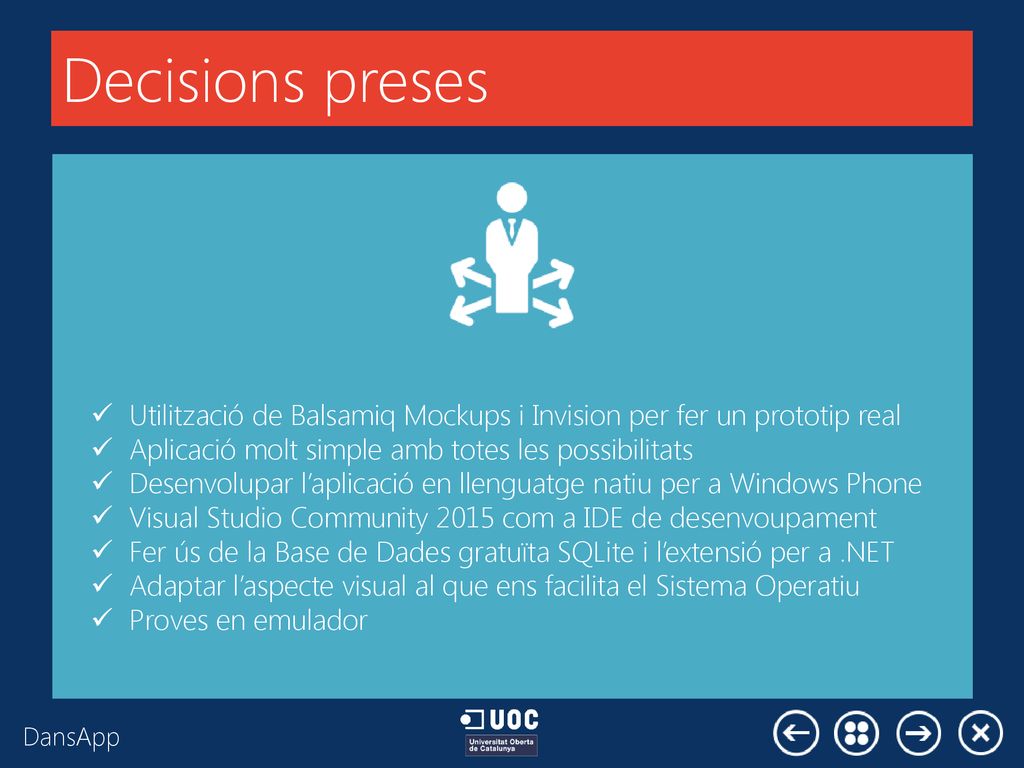 Decisions preses Utilització de Balsamiq Mockups i Invision per fer un prototip real. Aplicació molt simple amb totes les possibilitats.