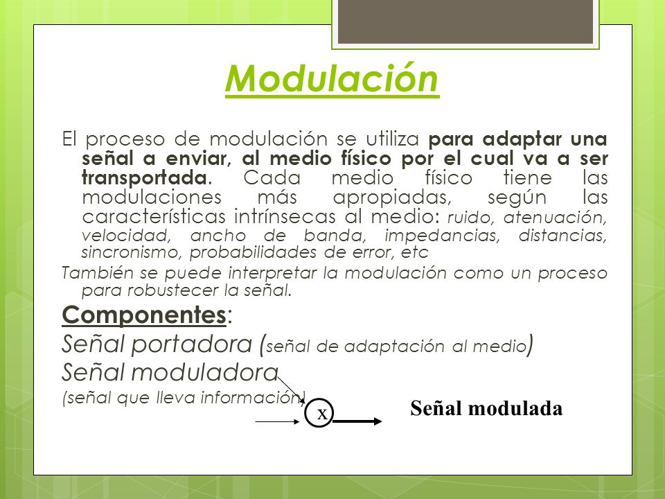 Modulación Componentes: Señal portadora (señal de adaptación al medio)