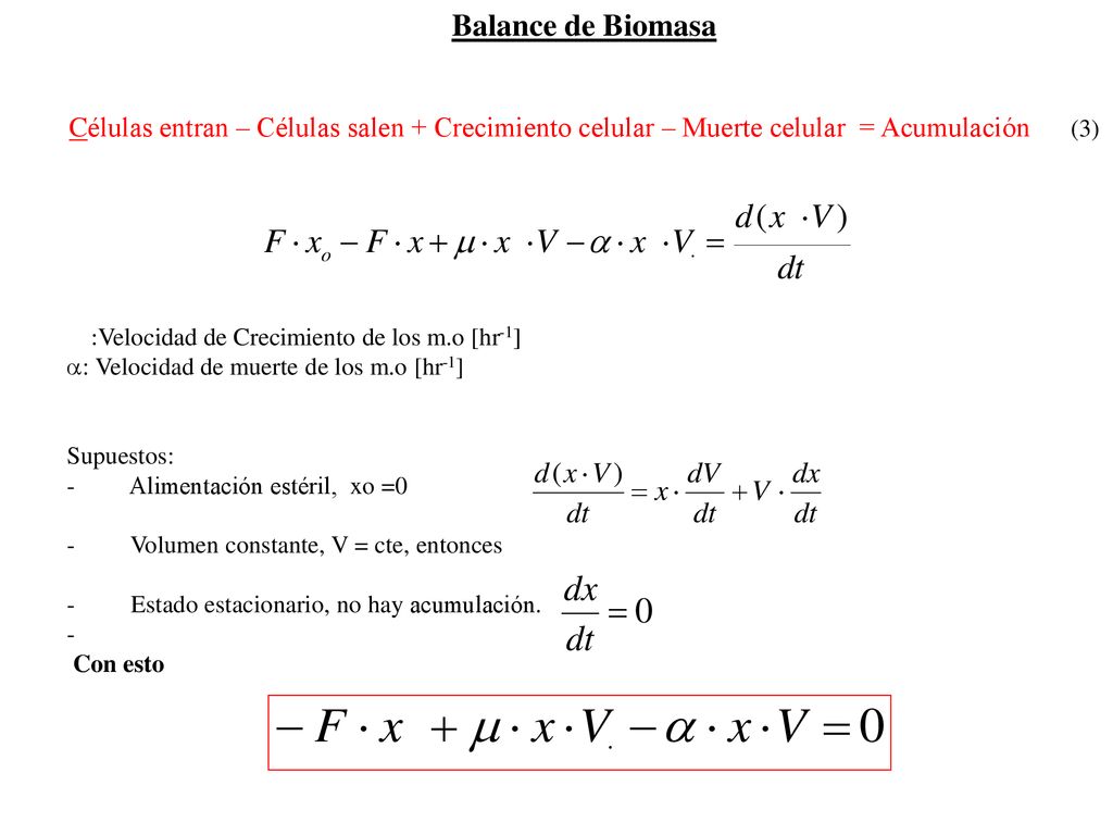 Balance de Biomasa Células entran – Células salen + Crecimiento celular – Muerte celular = Acumulación (3)