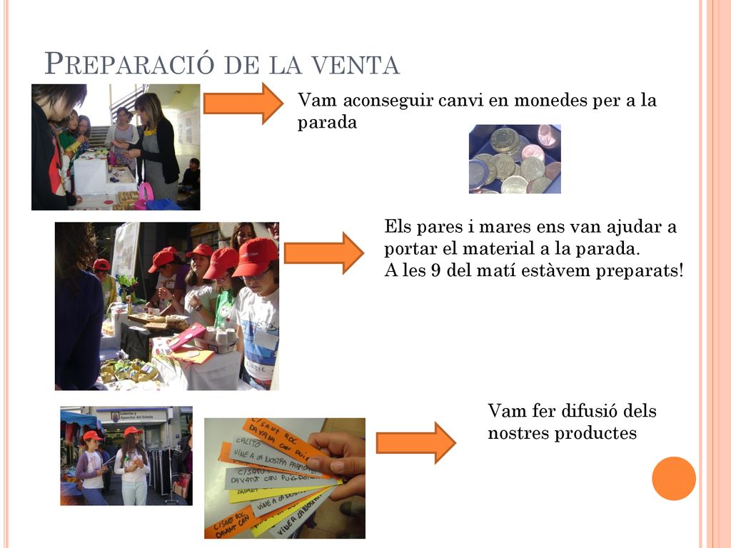 Preparació de la venta Vam aconseguir canvi en monedes per a la parada