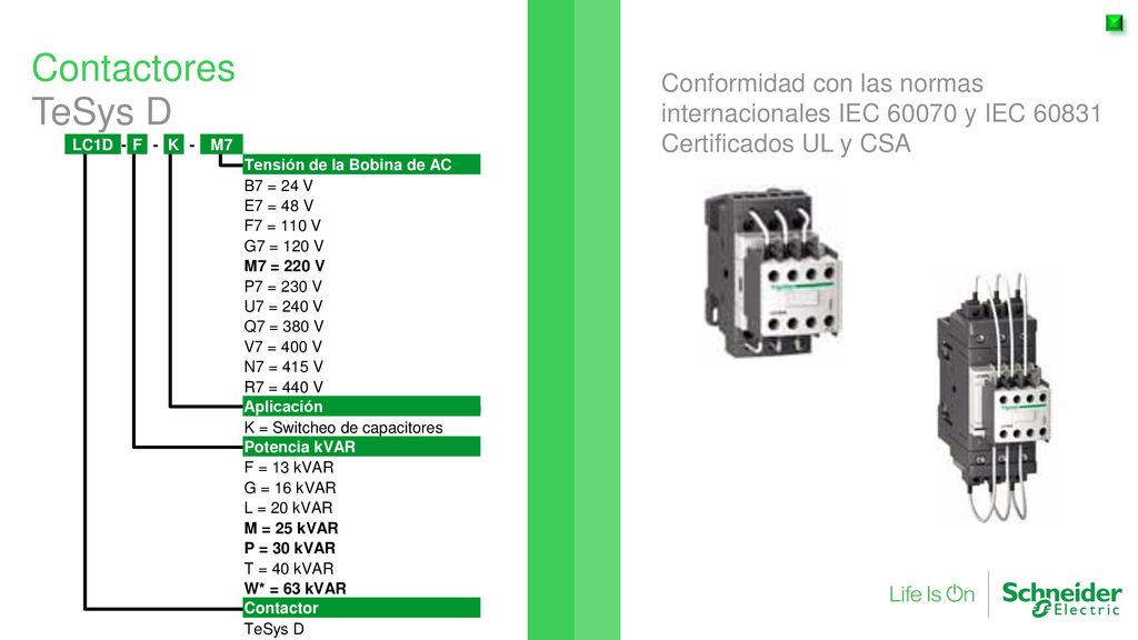Contactores Conformidad con las normas internacionales IEC y IEC Certificados UL y CSA.