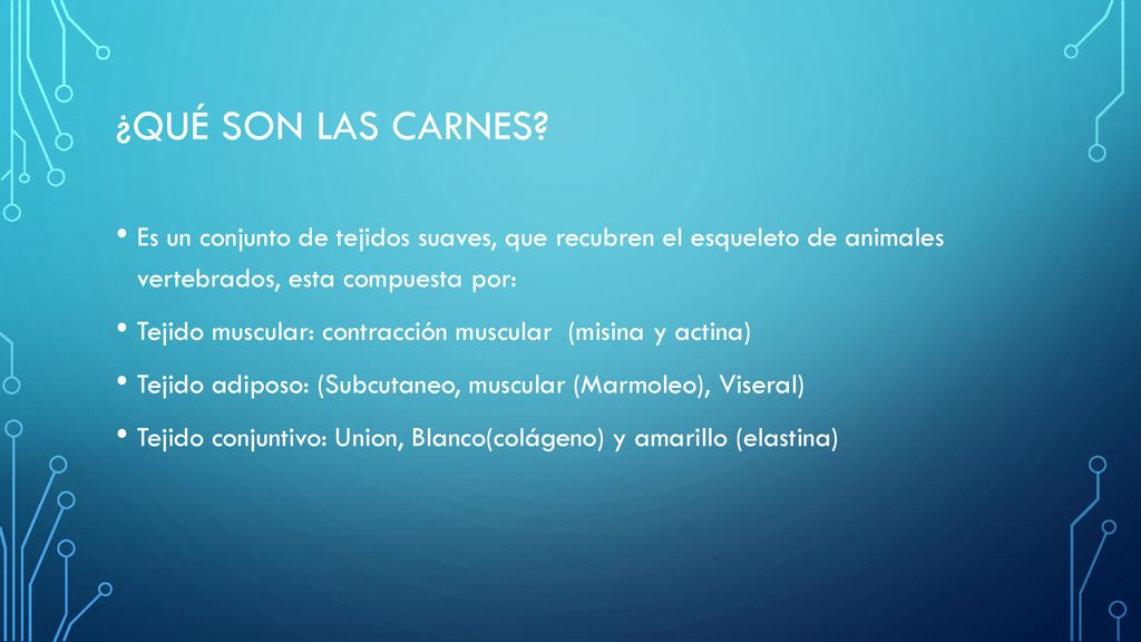 ¿Qué son las carnes Es un conjunto de tejidos suaves, que recubren el esqueleto de animales vertebrados, esta compuesta por: