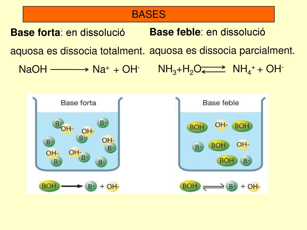 BASES Base forta: en dissolució. aquosa es dissocia totalment. NaOH Na+ + OH- Base feble: en dissolució.