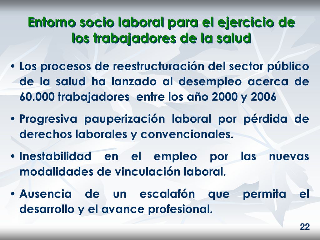 Entorno socio laboral para el ejercicio de los trabajadores de la salud
