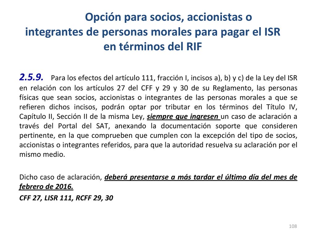 Opción para socios, accionistas o integrantes de personas morales para pagar el ISR en términos del RIF