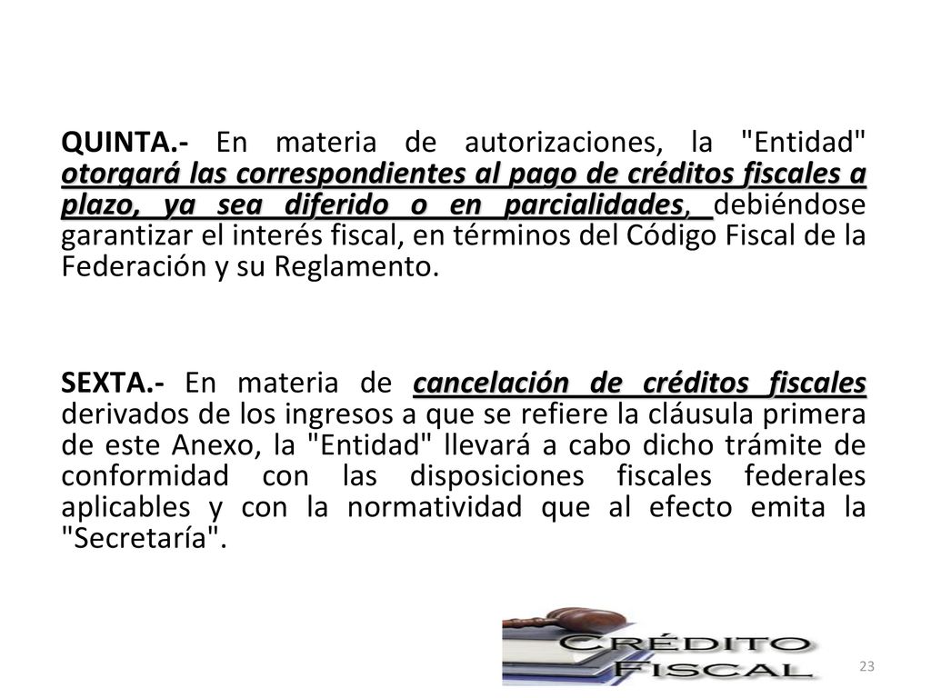 QUINTA.- En materia de autorizaciones, la Entidad otorgará las correspondientes al pago de créditos fiscales a plazo, ya sea diferido o en parcialidades, debiéndose garantizar el interés fiscal, en términos del Código Fiscal de la Federación y su Reglamento.