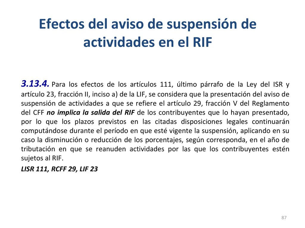 Efectos del aviso de suspensión de actividades en el RIF