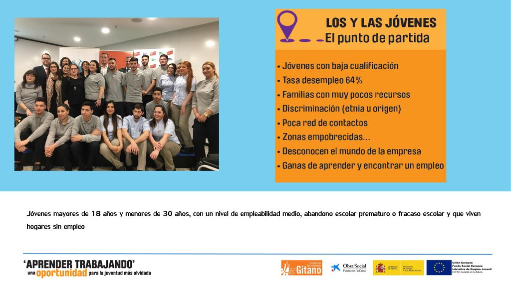 Jóvenes mayores de 18 años y menores de 30 años, con un nivel de empleabilidad medio, abandono escolar prematuro o fracaso escolar y que viven hogares sin empleo