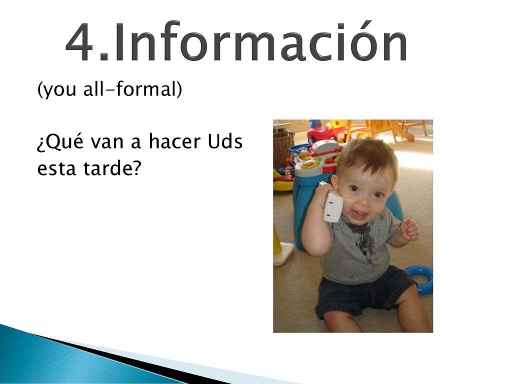 4.Información (you all-formal) ¿Qué van a hacer Uds esta tarde