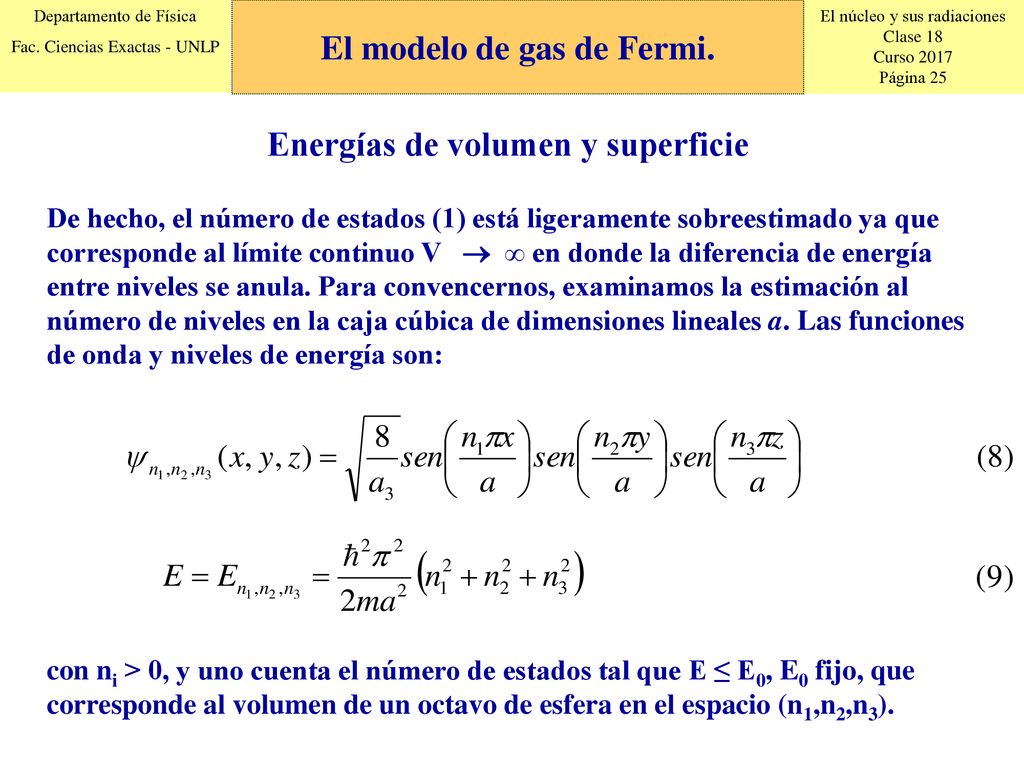 El modelo de gas de Fermi. Energías de volumen y superficie