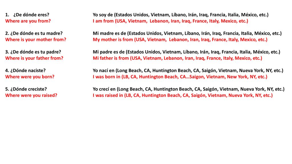 ¿De dónde eres Yo soy de (Estados Unidos, Vietnam, Líbano, Irán, Iraq, Francia, Italia, México, etc.)