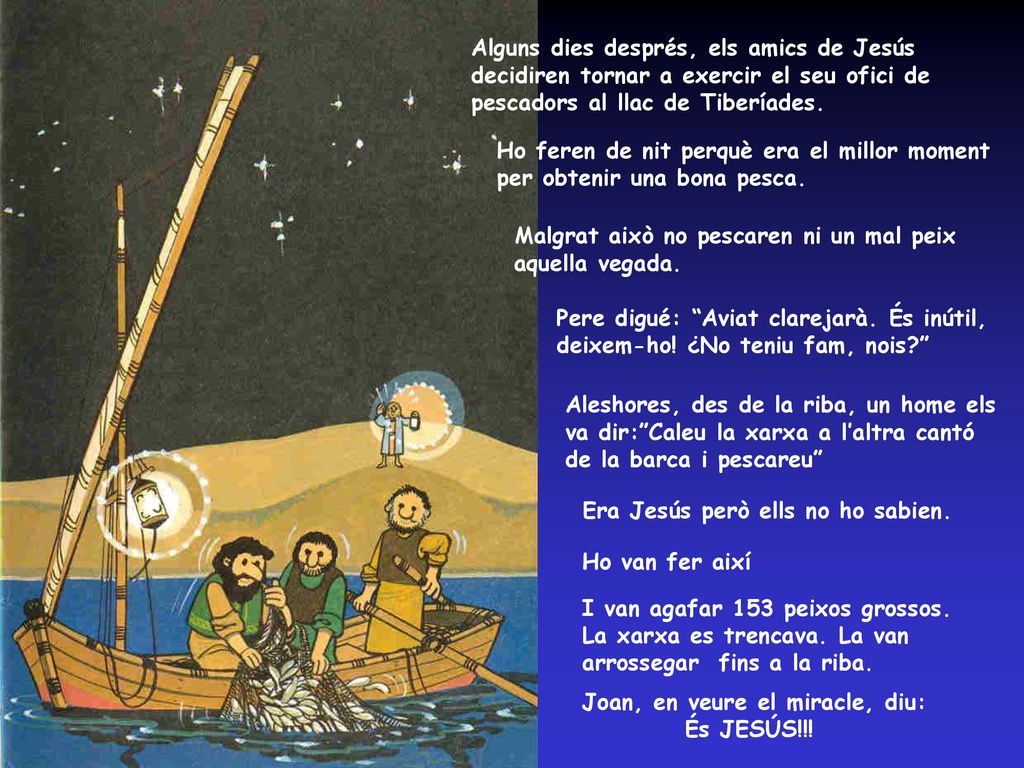 Alguns dies després, els amics de Jesús decidiren tornar a exercir el seu ofici de pescadors al llac de Tiberíades.