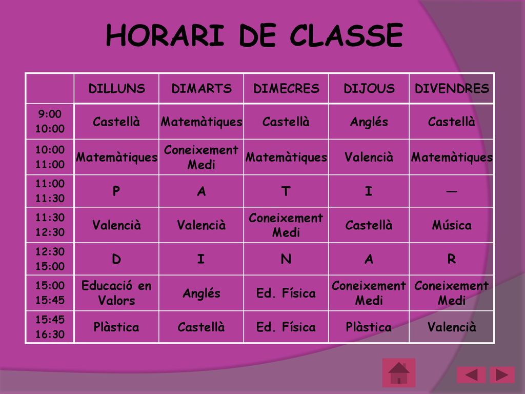 HORARI DE CLASSE P A T I — D N R DILLUNS DIMARTS DIMECRES DIJOUS