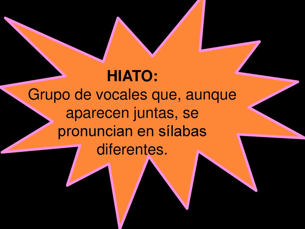 HIATO: Grupo de vocales que, aunque aparecen juntas, se pronuncian en sílabas diferentes.