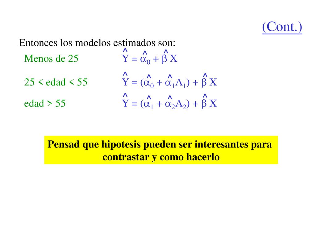 (Cont.) Entonces los modelos estimados son: Menos de 25 Y = 0 +  X ^