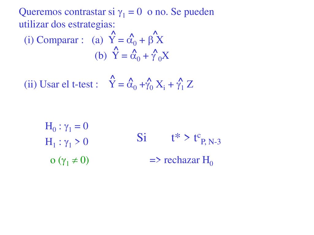 Queremos contrastar si 1 = 0 o no. Se pueden utilizar dos estrategias: