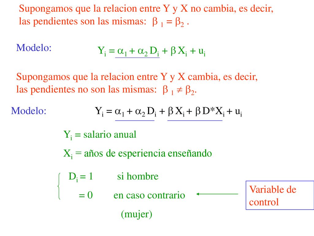 Supongamos que la relacion entre Y y X no cambia, es decir, las pendientes son las mismas:  1 = 2 .