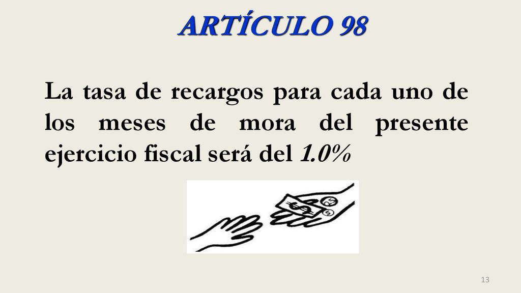 ARTÍCULO 98 La tasa de recargos para cada uno de los meses de mora del presente ejercicio fiscal será del 1.0%