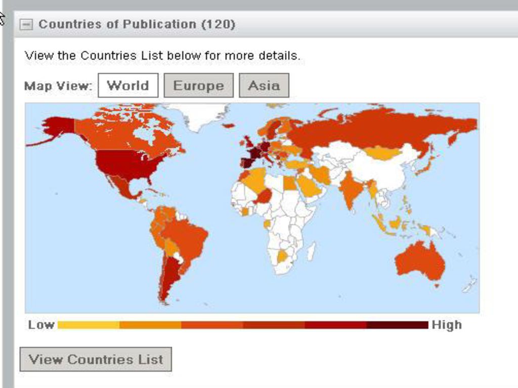 Los datos de registros de autoridad es enlazada con datos extraídos o minados obtenidos de registros bibliográficos relacionados y empaquetados para visualización en el VIAF, como vemos aquí con los lugares de publicación de las obras de una persona en particular – en este caso Cervantes – convertido a un mapa del mundo … o