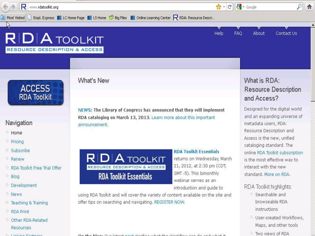 Desde mediados de 2010, RDA: Recursos, Descripción y Acceso, ha ofrecido una alternativa a prácticas pasadas de catalogación. Este nuevo código para identificar recursos ha surgido a través de años de colaboración internacional, y produce metadatos interconectados y bien formados para el medio ambiente digital, ofreciendo una manera de mantener relevantes y acorde a los tiempos, a las bibliotecas en la Web semántica.