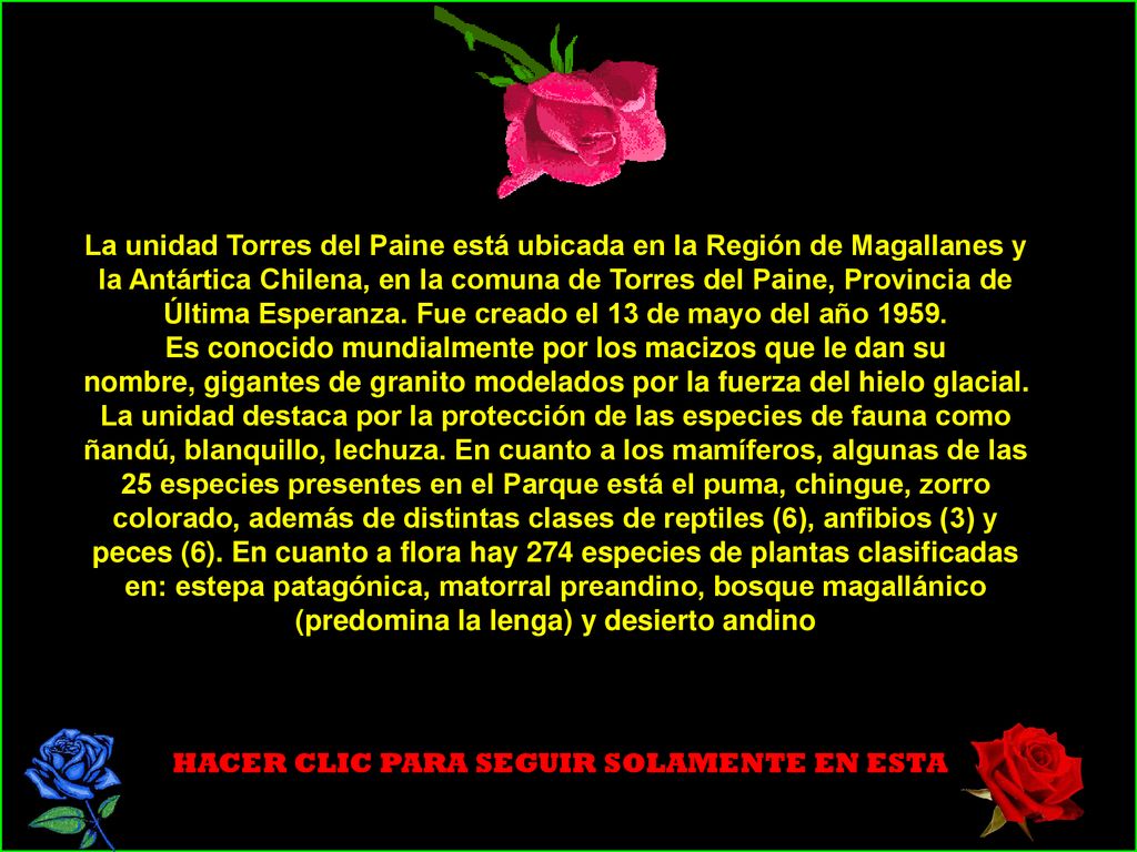 La unidad Torres del Paine está ubicada en la Región de Magallanes y la Antártica Chilena, en la comuna de Torres del Paine, Provincia de Última Esperanza. Fue creado el 13 de mayo del año 1959.