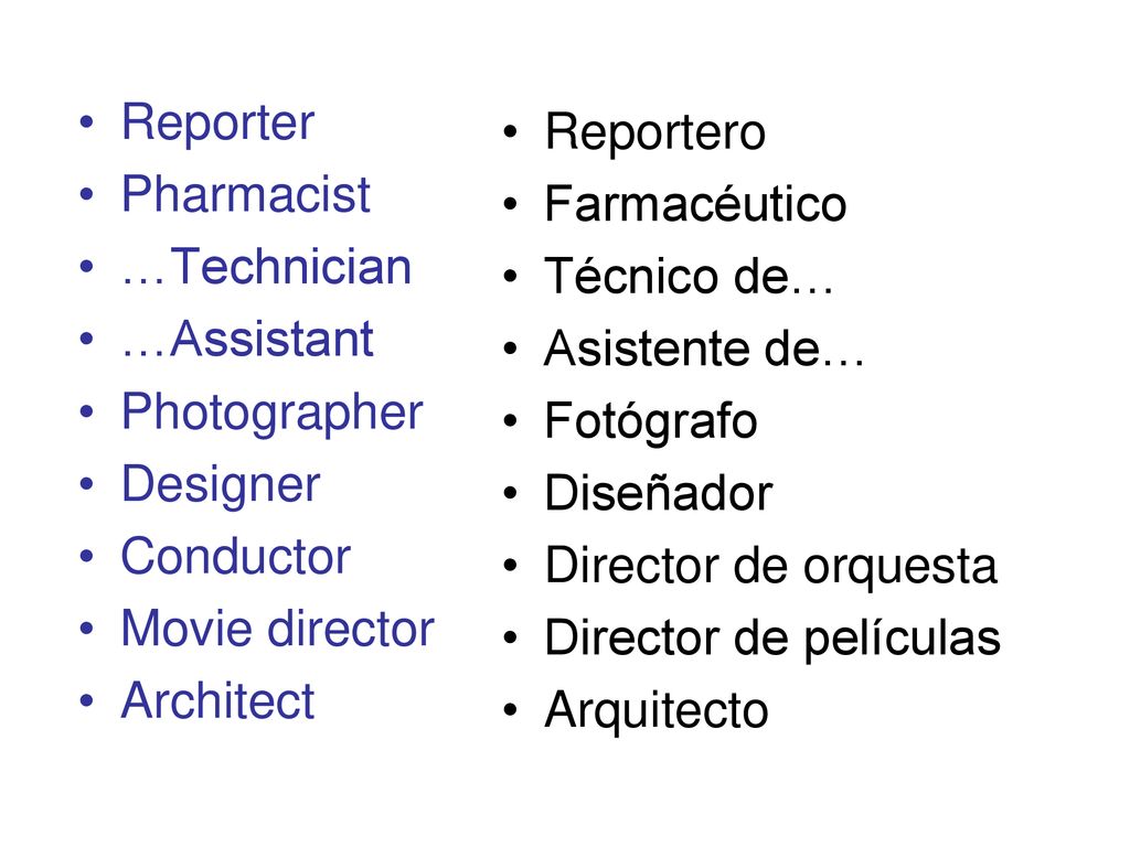 Reporter Pharmacist. …Technician. …Assistant. Photographer. Designer. Conductor. Movie director.