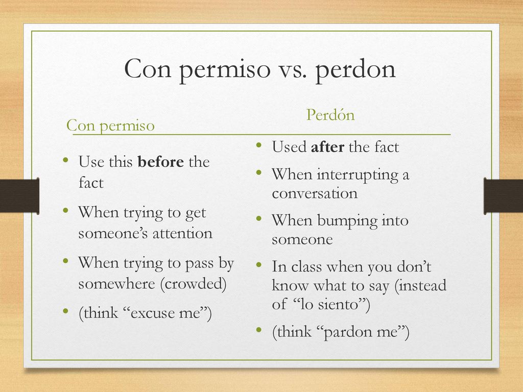 Con permiso vs. perdon Perdón Con permiso Used after the fact
