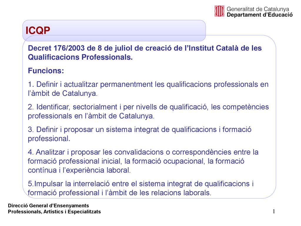 ICQP Decret 176/2003 de 8 de juliol de creació de l’Institut Català de les Qualificacions Professionals.