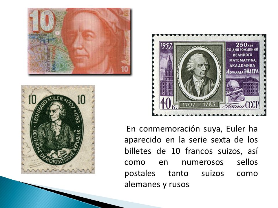 En conmemoración suya, Euler ha aparecido en la serie sexta de los billetes de 10 francos suizos, así como en numerosos sellos postales tanto suizos como alemanes y rusos