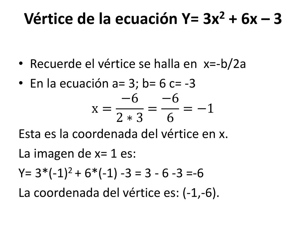 Vértice de la ecuación Y= 3x2 + 6x – 3
