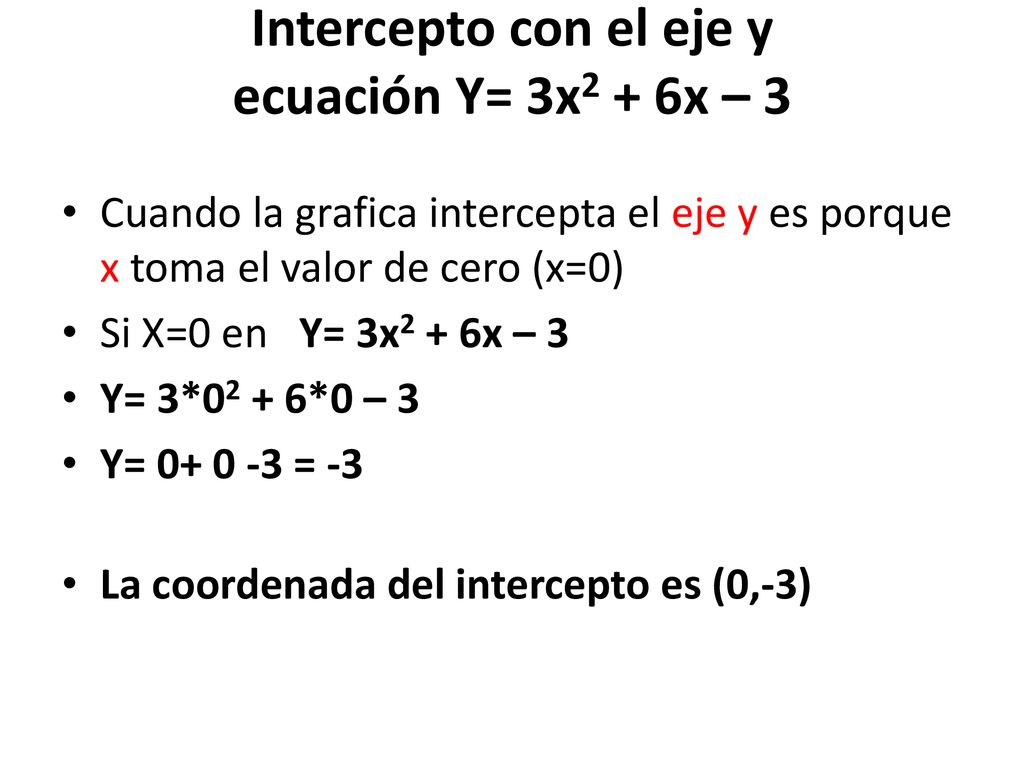 Intercepto con el eje y ecuación Y= 3x2 + 6x – 3