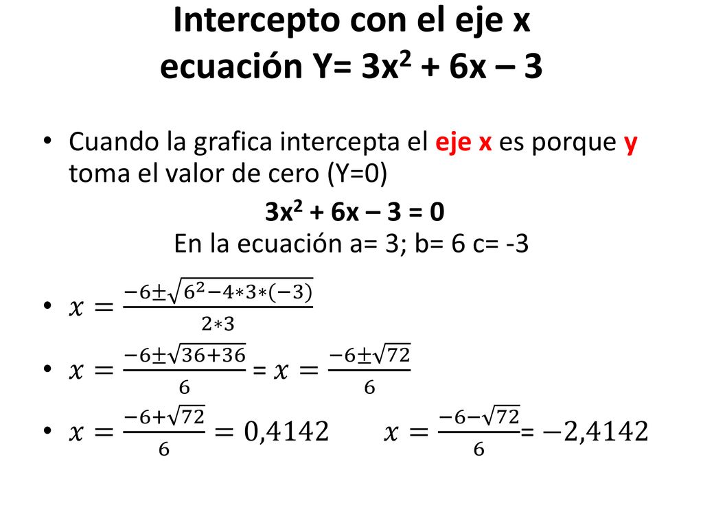 Intercepto con el eje x ecuación Y= 3x2 + 6x – 3