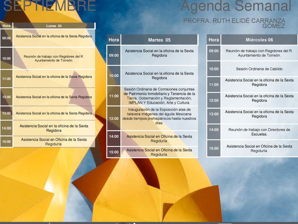 Agenda Semanal SEPTIEMBRE Cabildo Torreón PROFRA. RUTH ELIDÉ CARRANZA