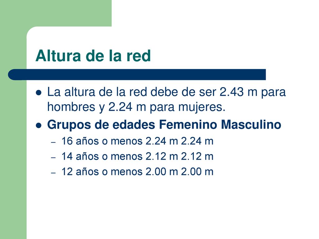 Altura de la red La altura de la red debe de ser 2.43 m para hombres y 2.24 m para mujeres. Grupos de edades Femenino Masculino.