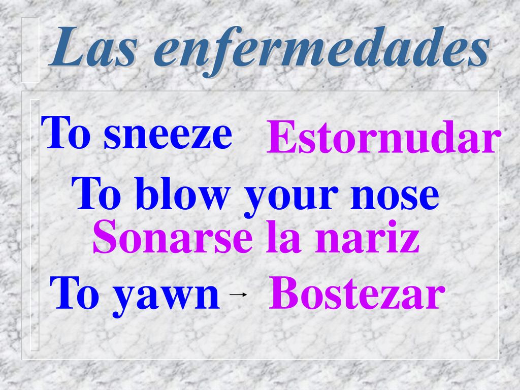 To sneeze Estornudar To blow your nose Sonarse la nariz To yawn