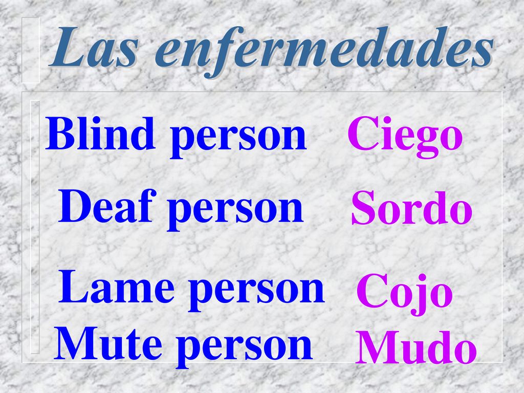 Blind person Ciego Deaf person Sordo Lame person Cojo Mute person Mudo