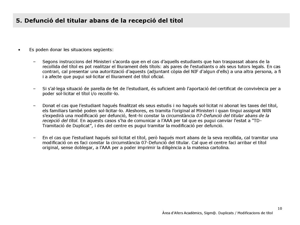 5. Defunció del titular abans de la recepció del títol