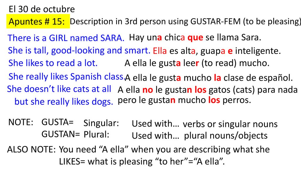 El 30 de octubre Description in 3rd person using GUSTAR-FEM (to be pleasing) Apuntes # 15: There is a GIRL named SARA.